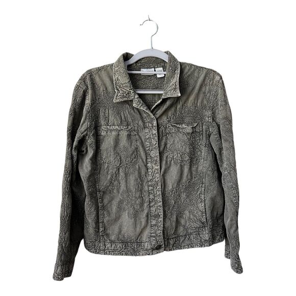 Chicos Jacket Womens Medium Green Embroidered Button Down Textured Pockets Boho - Picture 1 of 13